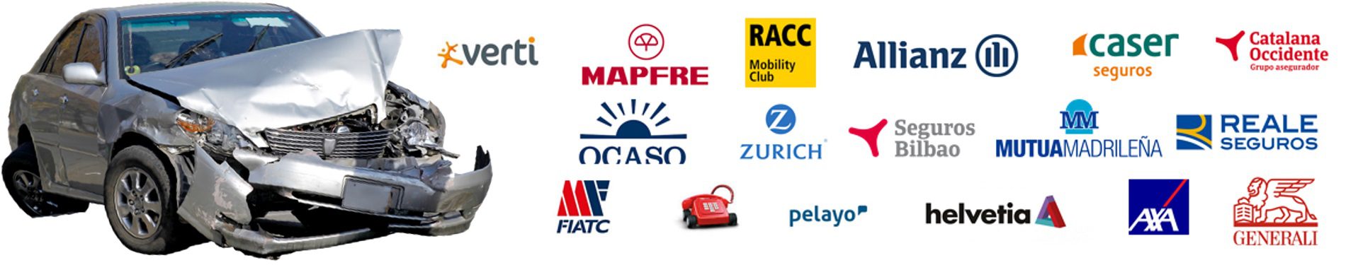 Imagen de un coche accidentado acompañada de los logos de aseguradoras: Verti; Mapfre; RACC; Allianz; Caser; Catalana Occidente; Ocaso; Zurich; Seguros Bilbao; Mutua Madrileña; Reale Seguros; FIATC; Pelayo; Helvetia; AXA; Generali.